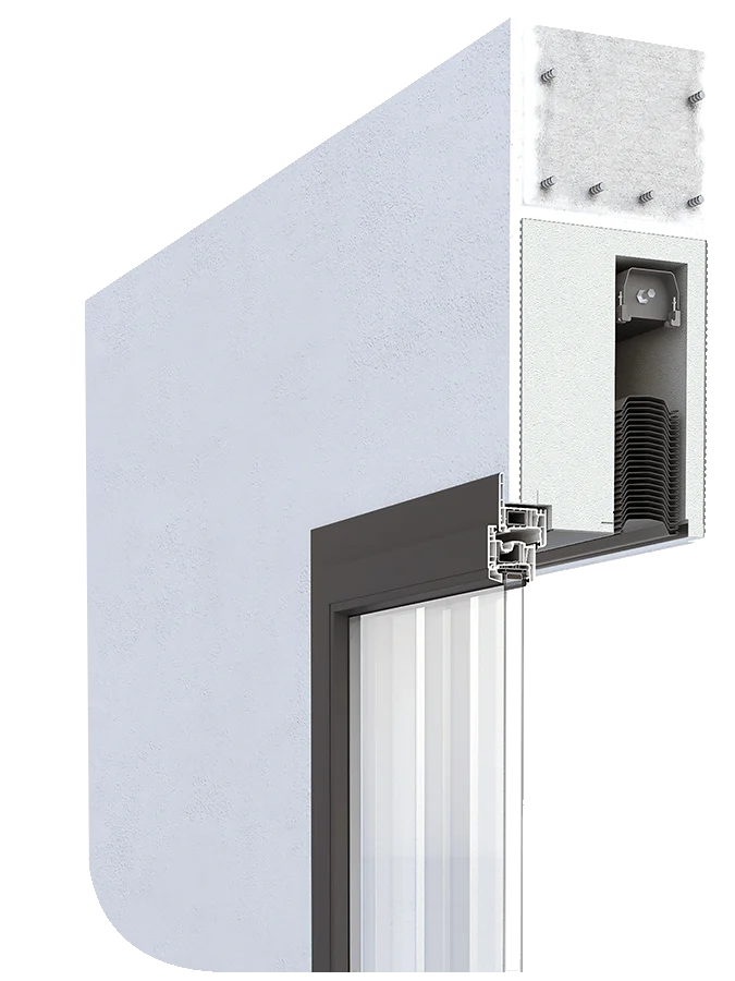 Sezione tecnica cassonetto coibentato Ecliss nell'isolamento a cappotto